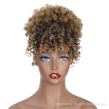 Vigorous New Design Best Selling Short Fluffy Elastic Hairpiece With Bangs Kinky Curly For Black Women Synthetic Afro Hair Bun